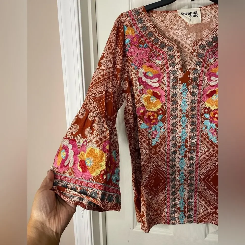 Savanna Jane Burnt Orangish Brown Paisley Bohemian Lightweight Top size Small